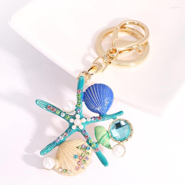 Schlüsselanhänger EASYA 2 Farben Sea World Kristall Seestern Schlüsselbund Mode Simulierte Perlenschale Schlüsselanhänger Halter Für Frauen Tasche Auto Schlüsselanhänger