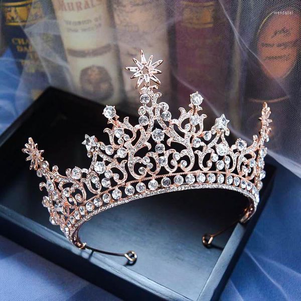 Gioielli per capelli Principessa di lusso in oro rosa Diademi Corone per spose Fasce per capelli in cristallo Matrimonio con strass completo