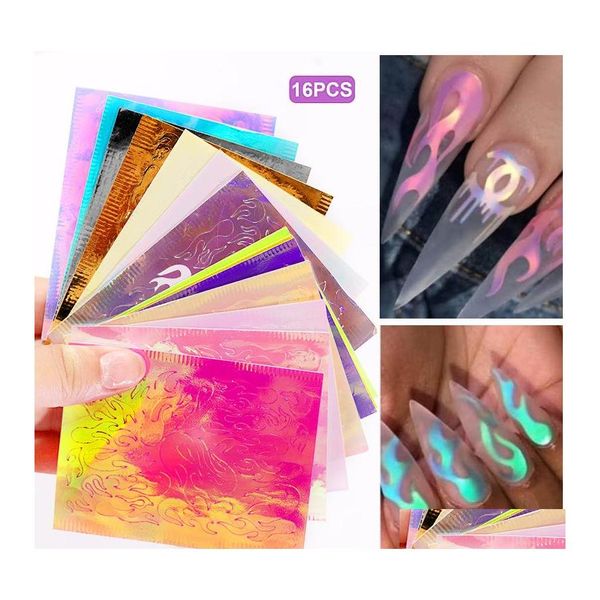 Andere Artikel 16 Blatt/Set Aurora Flame Nail Sticker Holographic Colorf Fire Reflections Decal Selbstklebende Folien Diy Art Drop Delive Dh1Pe