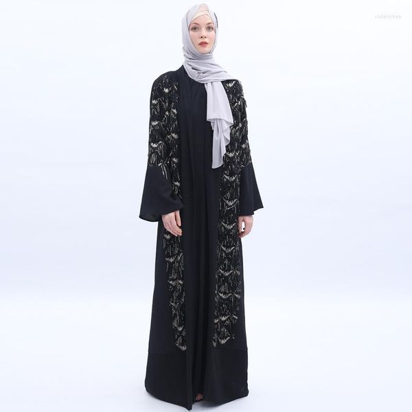 Abbigliamento etnico Mantelle musulmane per le donne Nappa con paillettes Abito caftano arabo turco Abito Dubai Abito da festa con cardigan aperto nero Abaya Kimono