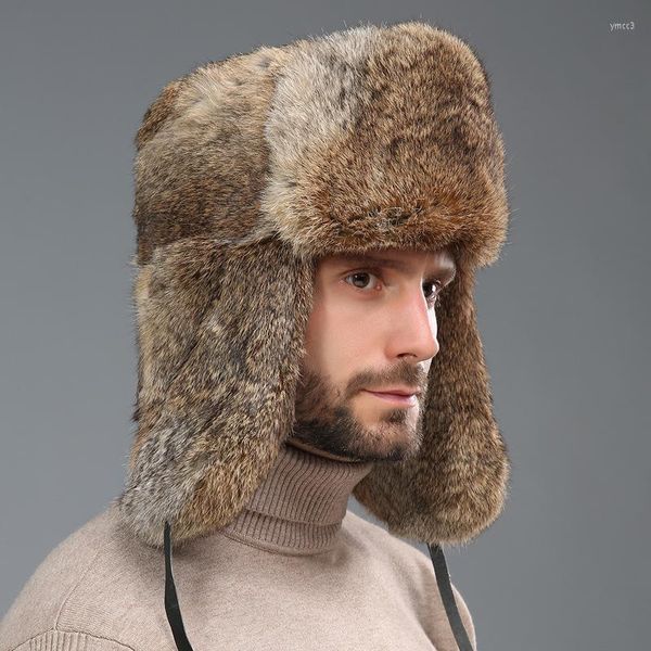 Berretti Cappello russo Bomber spesso caldo da uomo Vera pelliccia Paraorecchie Trapper Berretto da esterno Maschile Taglie forti Cappelli invernali da sci