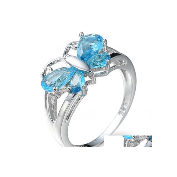 Mit seitlichen Steinen 10 Stück 1 Lot Luckyshine Blue Red Topaz 925 Sterling Silber Schmetterlingsringe Sets Frauen Zirkonia Urlaubsgeschenk Dhsdm