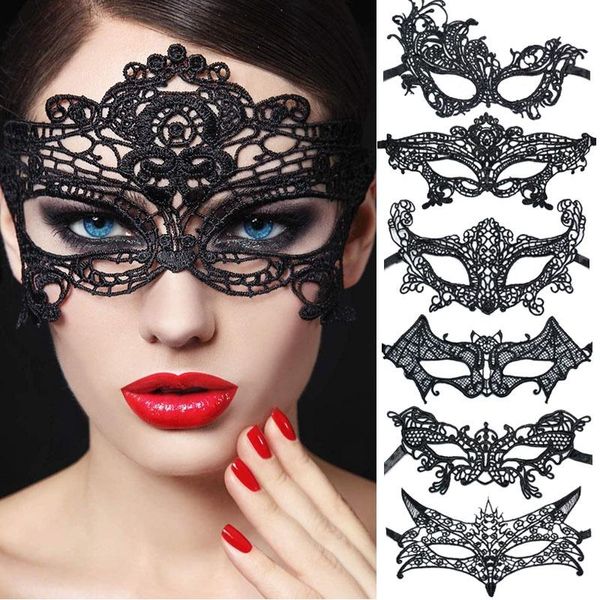 Articoli per feste Altri eventi Donne Maschera per gli occhi in pizzo nero Moda Costumi di Halloween Accessori Prom Hollow Out Half Face Blindfold Masks