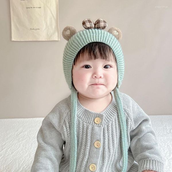 Berets Säugling Herbst Winter Winter Süßes Babybärenohrschutz Baumwollkabine Ohrplope peruanische Hut -Bow Strickstricke Windschutz warme Ärmel