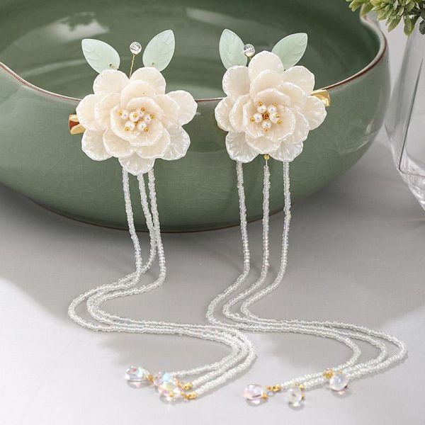 Haarschmuck FORSEVEN Chinesischen Stil Weiße Blume Blatt Perlen Lange Quaste Haarnadel Clips Kopfschmuck Hanfu Kleid Dekorativ