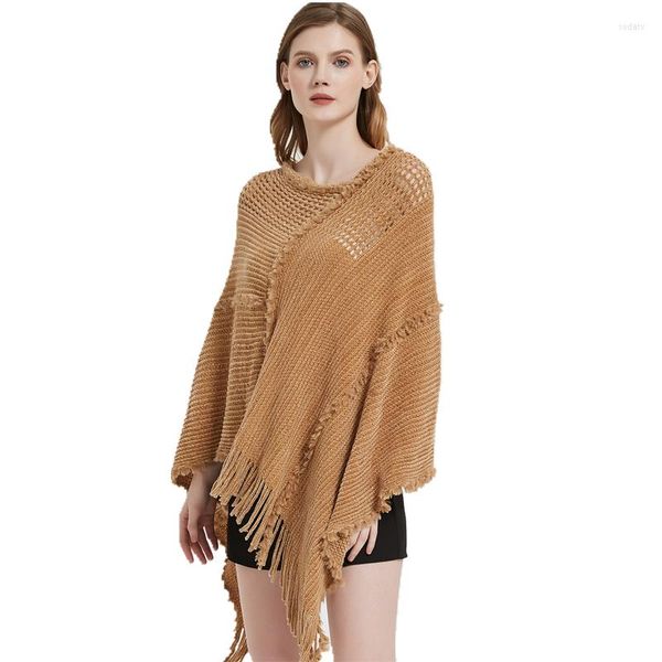 Accanlar katı püskül bayanlar sarar kadın moda örgü panço içi boş kıyafetler Bufanda mujer kadın ceket cape şal sweater