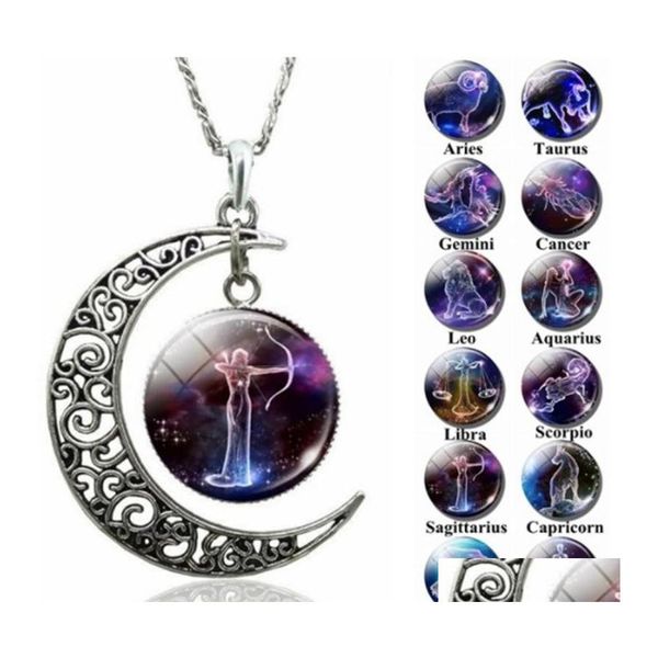 Подвесные ожерелья 12 Zodiac Hollow Moon Cabochons Стекло лунный камень Созвездие Звездное небо Шарм Чокер для женских модных украшений Otdmo