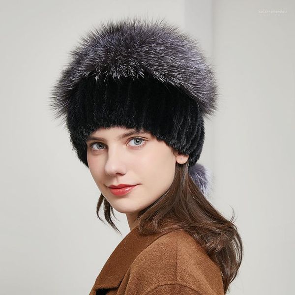 Berretti JKP da donna autunno e cappello di pelliccia per l'inverno autentico visone con pon pon argento berretti superiori berretto russo