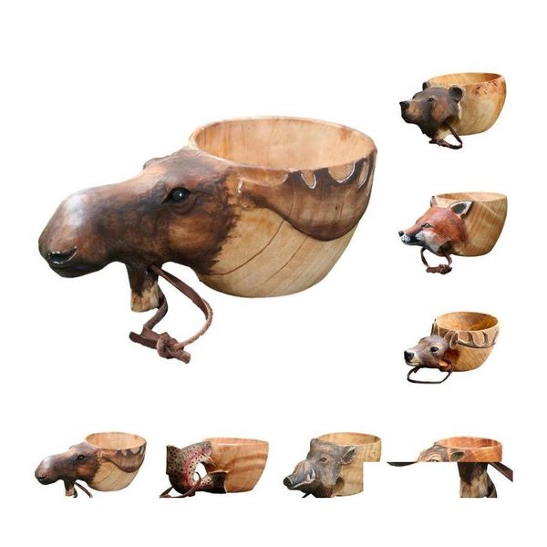 Tazze Kuksa Tazza di legno intagliata a mano Guksi Animali Testa Immagine Tazza Forma di animale Cam portatile Bere Goccia Consegna Casa Giardino Cucina Dh3Cw