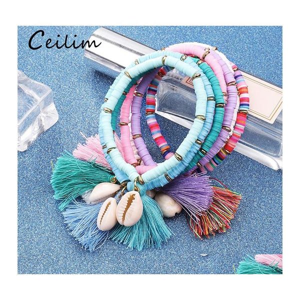 Cadeia de link Bohemian Shell Charm Bracelet Unisex Made Mti Color Resin Bead tecida com borla Summer Summer Beach Ajustável para mulheres D OTROX