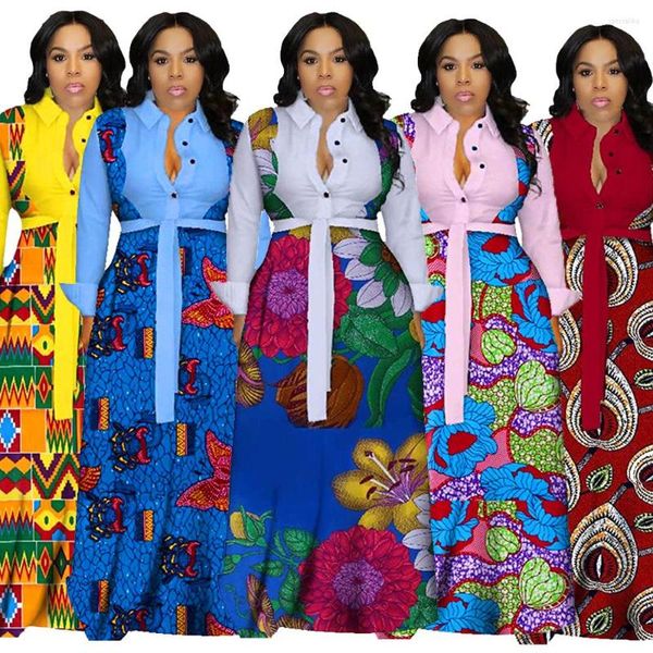 Vestidos casuais de verão manga longa maxi vestido africano senhoras bazin impressão vintage 3xl women feminino festeira