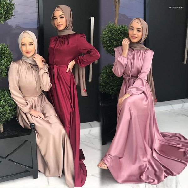 Abbigliamento etnico Donne musulmane Abito lungo in raso Eid Ramadan Dubai islamico Turchia Abaya Caftano Abito arabo Abayas Abito da sera Caftano