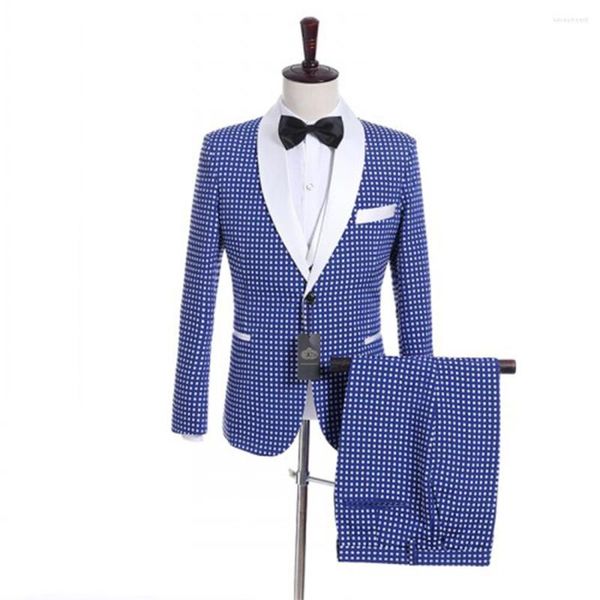 Herrenanzüge 3 Stück Royal Blue Dots Hochzeit Bräutigam Mann Jacke Anzug Set Hose Weste Slim Fit Männer Business Casual Hochwertiges echtes Bild