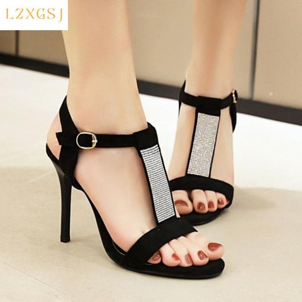 Kleid Schuhe Sommer Mode Schwarz Ein Wort Gürtel Pumpe Sandalen 2023 Frauen Sexy Stiletto High Heel Knöchelriemen Kristall Glänzend römisch