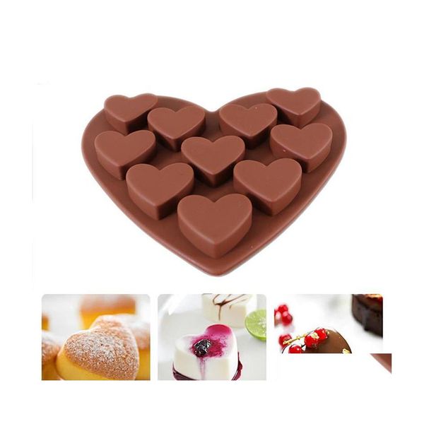 Moldes de cozimento molde de sab￣o em forma de cora￧￣o 10Cavity Sile Chocolate Candy Mod fazendo suprimentos de bolo de decora￧￣o de panotes de decora￧￣o de entrega de gota h dhkik