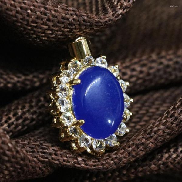 Collane con ciondolo Vintage Donna Goccia ovale color oro Pietra blu Giade Calcedonio Intarsio Strass cavo Gioielli di alta qualità 19 23mm