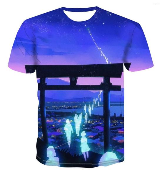 Camisetas masculinas Anime 3D Ghost / Landscape Art Design de arte colorida Camiseta engraçada para manga curta e estilo de rua