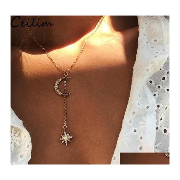 Подвесные ожерелья Bohemian Moon Star Crystal Collecle Vintage Mtilayer Ladies Sun Chok