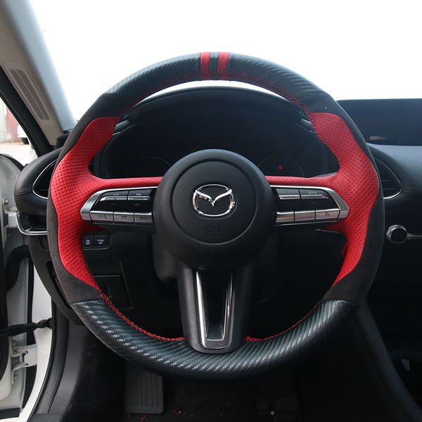 Para Mazda 3 Axela 2019 2020 CX-30 MX-30 2020 Costura ￠ m￣o sem deslizamento esquerdo e perfurada direita Tampa do volante de couro