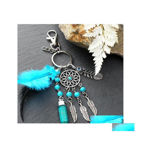 Portachiavi Dream Catcher Portachiavi Piuma blu Nappa Mano di Hamsa Evil Eye Portachiavi per auto da parete Decor appeso Amet Boho Gioielli 599 Q Dhqbu