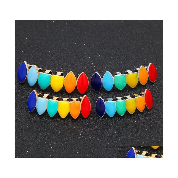 Grillz Dental Grills Hip Hop Rainbow Denti Grillz Top Bottom Fale Gold dente Sier denti per le donne uomini Halloween Body Jewerly con bo ot8oz