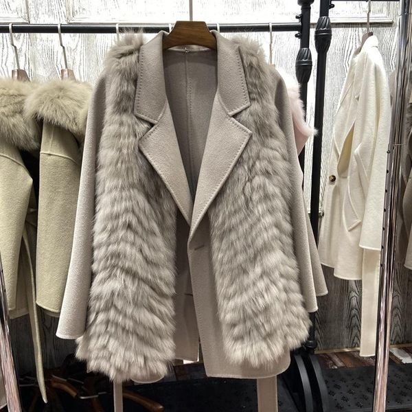 Colete de pele natural removível da moda e blazer de lã de verdade para mulheres outono de luxo de inverno duas peças definidas roupas de trabalho