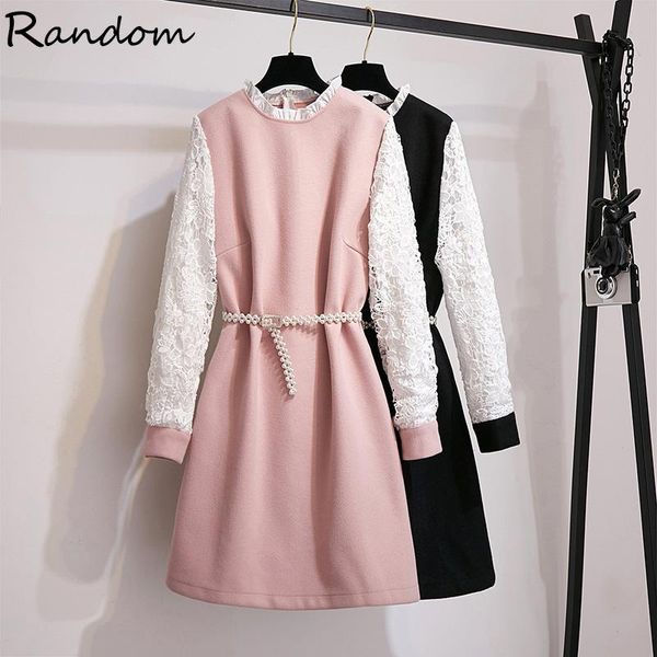 Vestidos casuais mulheres outono inverno rosa vestido preto renda de luva longa streetwear de moda e tamanhos lã trabalham lã com roupas de cinto