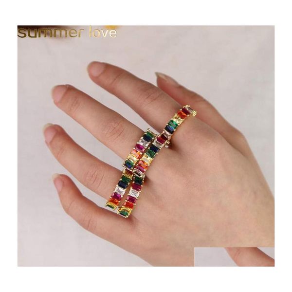 Anéis de banda Gold cheio de arco -íris jóias de moda quadrada anel de noivado de CZ para mulheres colorf zirconia eternidade eternidade entrelaçar oty7l