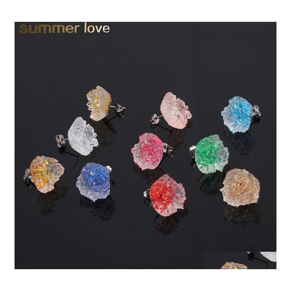 Сургарная смола каменные серьги каменные серьги хрустальная кластер цветочная серьга для женщин Colorf Quartz Rock Druzy Gem Gold Drop Guppled Jewelr Otuxp