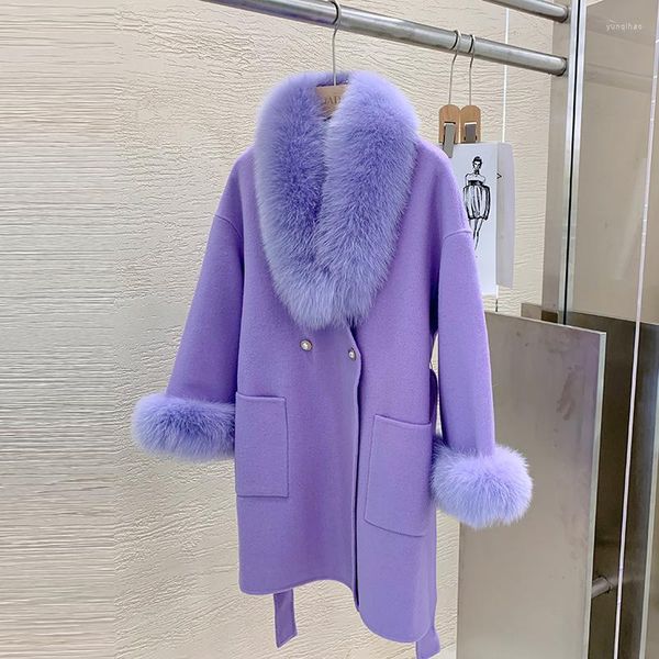 Damen Daunenmantel 2023 Ankunft Damen Wollmantel mit Echtpelzkragen Manschette Loose Fit Elegante Gürtelkaschmirmischung Jacke Dame Wintermäntel