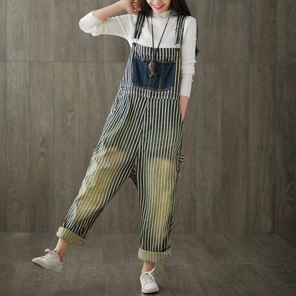 Kadın Tulumları Tulum Strip Strip Artı Boyut Gevşek Tulum Koreli Denim Patchwork Tulum Sıradan Pamuk Vintage Kişilik Yıkanmış Moda