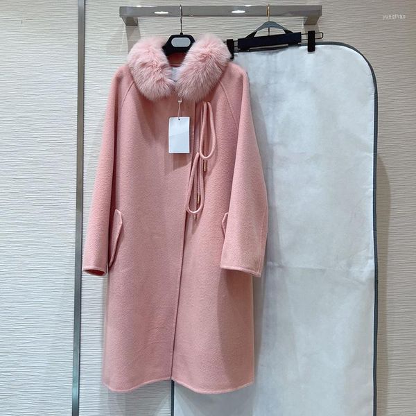 Cappotto di lana da donna in piumino con collo in vera pelliccia da donna 2023 Moda stringa irregolare aperto misto cashmere cappotti caldi trench invernali peacoat