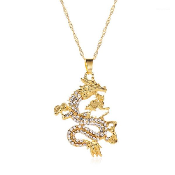 Anhänger Halsketten Drachen Modell Frauen Männer Gold Farbe Strass Maskottchen Ornamente Glückssymbol Geschenke Lange Anhänger1