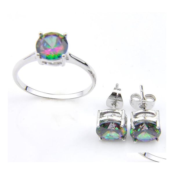 Outros conjuntos de j￳ias Luckyshine Holiday Gift Classic Rainbow Mystic Topazes Gems 925 Sterling Sier Ring Stud Brincos Mulheres Set Drop Deli Dhoji