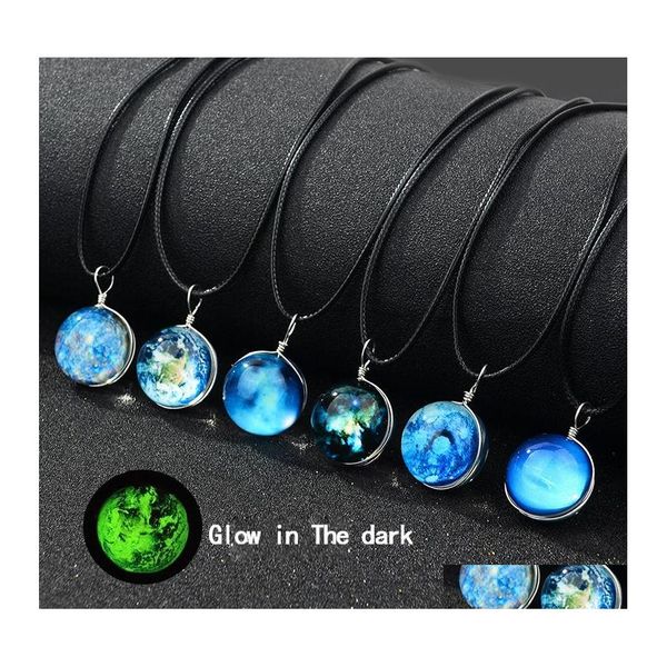 Collane con ciondolo Glow In The Dark Galaxy Universo Cabochon in vetro luminoso Stella Luna Catena in corda di cera nera per donna Uomo Moda Goccia Otymv