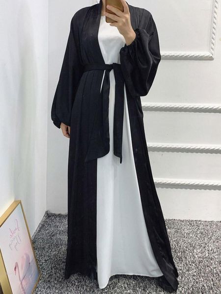 Ethnische Kleidung Dubai Abaya Kimono Dicker Satin vorne offen Muslimische Frauen Hijab Kleid Puffärmel Duster Cardigans Islamische Kleidung Türkisch