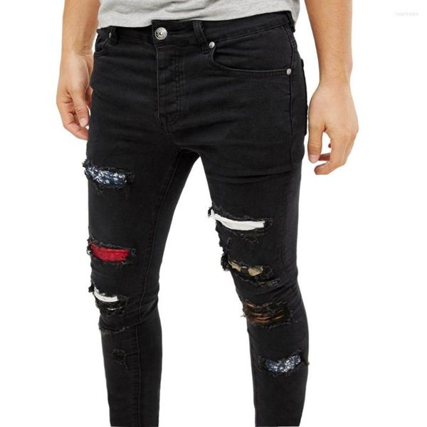 Jeans masculinos Moda High Street Stretch Patch Hole Personalidade Slim Fit Elastic Retro Retgers Y2K Lápis preto para homens