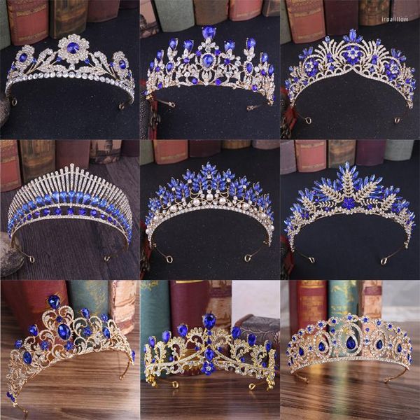 Belietti per capelli Europei Tiara di cristallo blu Vintage Gold Silver Rhinestone Crown Crown Baroque Bridal Wedding Regalo