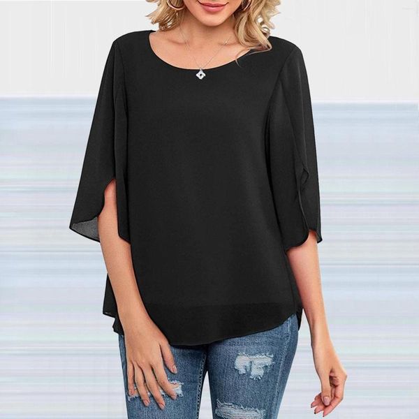 Camicette da donna in taglie forti per le donne Moda maniche a metà spacco larghe Camicia girocollo in chiffon a doppio strato Top Spandex T