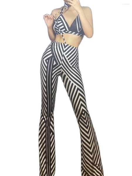 Stage Wear Halter Stripe Bikini Pantaloni lunghi Set Abbigliamento casual da donna Festa di compleanno Vestito sexy Discoteca DJ Spettacolo di danza latina Passerella