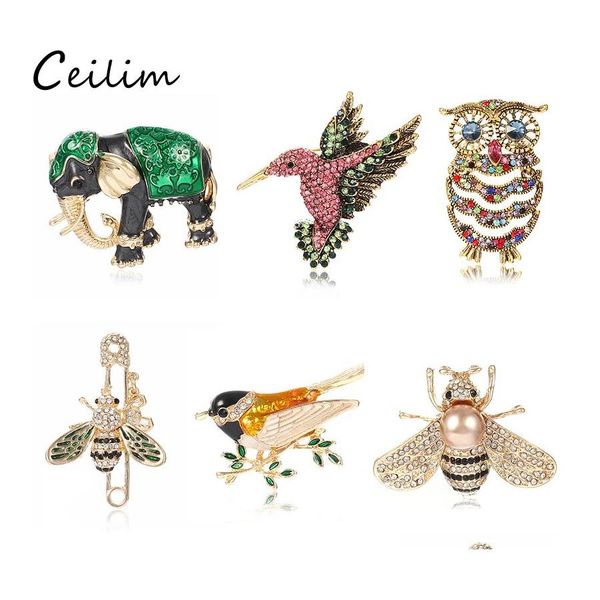 Pins Broschen Nette Eule Vogel Biene Für Frauen Tier Formen Kristall Grün Schwarz Brosche Pins Abzeichen Kleidung Taschen Weibliche Schmuck drop Deli Otgch