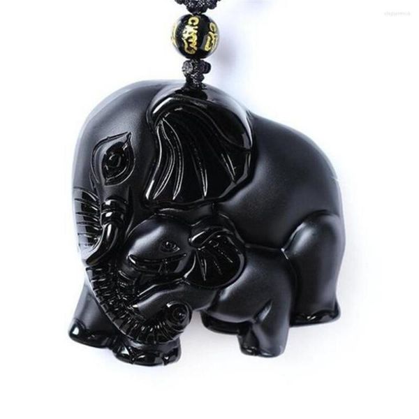 Anhänger Halsketten Dropship Natürliche Schwarze Obsidian Niedliche Mutter Baby Elefant Kostenlose Perlen Halskette Für Männer Oder Frauen Amulett Geschenk Schmuck