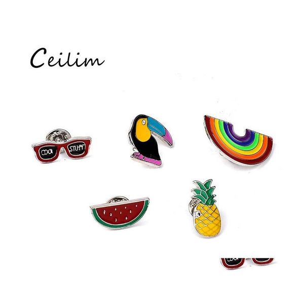 Pins Broschen Cartoon DIY Kragen Brosche Set Regenbogen Wassermelone Ananas Krähe Eyesweyes Emaille Anstecknadeln Abzeichen Für Frauen Mode J Otzq3