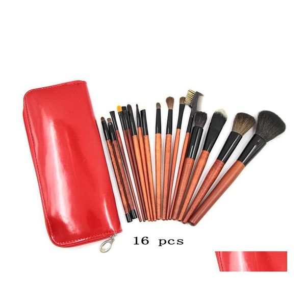 Pennelli per trucco Set da 16 pezzi Borsa in pelle spazzolata rossa Kit di pennelli professionali all'ingrosso di alta qualità Consegna a domicilio Strumenti di bellezza per la salute Accesso Dhlas