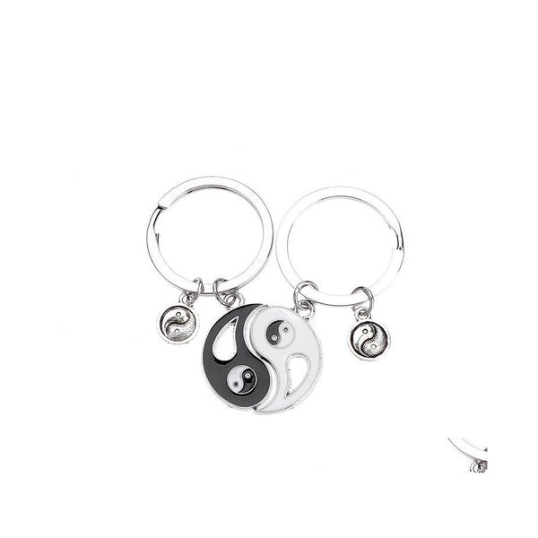 Schlüsselanhänger Lanyards Mode Yin und Yang Tai Chi Nähte Legierung Schwarz Weiß Freunde Paar Leder Schlüsselanhänger Schlüsselanhänger Schmuck Acces Otqt7