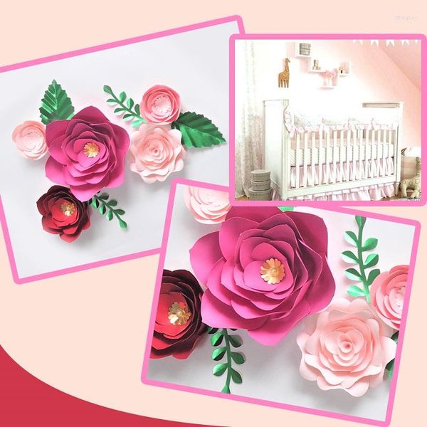 Декоративные цветы искусственные розовые цветы Diy бумажные листья, установленные для детского душа на фоне дня рождения декорирование детской стена деко -деко сладкая комната