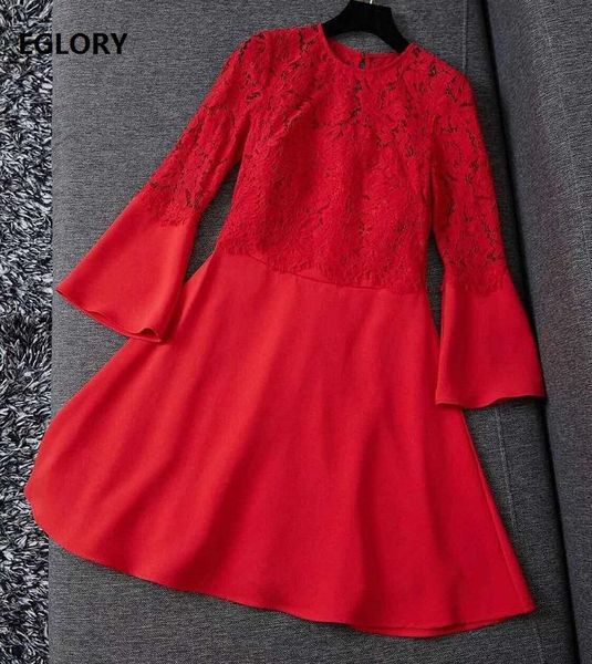 Vestidos casuais Red Black Party Feminino Vestido de Mulher 2023 Autumn Winter Fashion Ladies Hollow Out Lace Borderys Flare Sleeve A-Line Princess