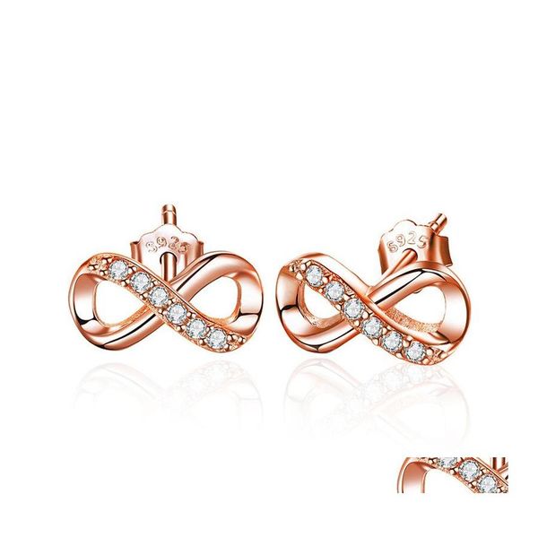 Stud Fashion Infinity Ohrringe 925 Sterling Sier Studs Hochwertige CZ Kubikzirkonia Runde Liebesakzentschmuck für Frauen Mädchen Drop otb4y