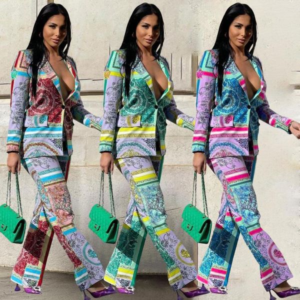 Frauen Zweiteilige Hosen Afrikanischer Druck Herbst Winter 2 Stücke Damen Anzug Sets 2023 Single Button Büro Dame Jacke Lange Hose Basic Sleeve