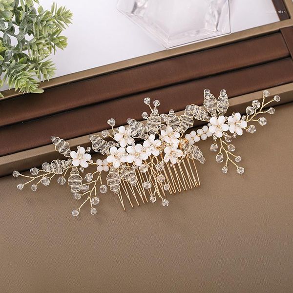 Haarschmuck Hochzeit handgemachte Accessoires Kamm Kristall Gold für Braut Blume Tiara Frauen Braut Ornamente Kopfschmuck